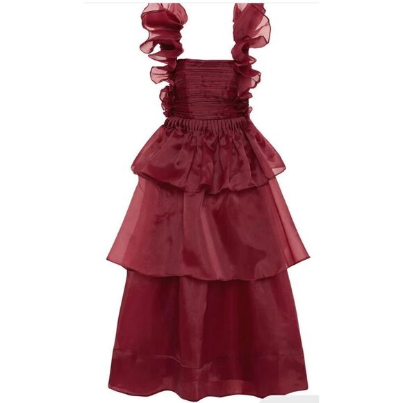 Aje. Asra Pleated Frill Midi Dress in Mahogany Red NWT Size 12/ US 8 - Picture 2 of 11